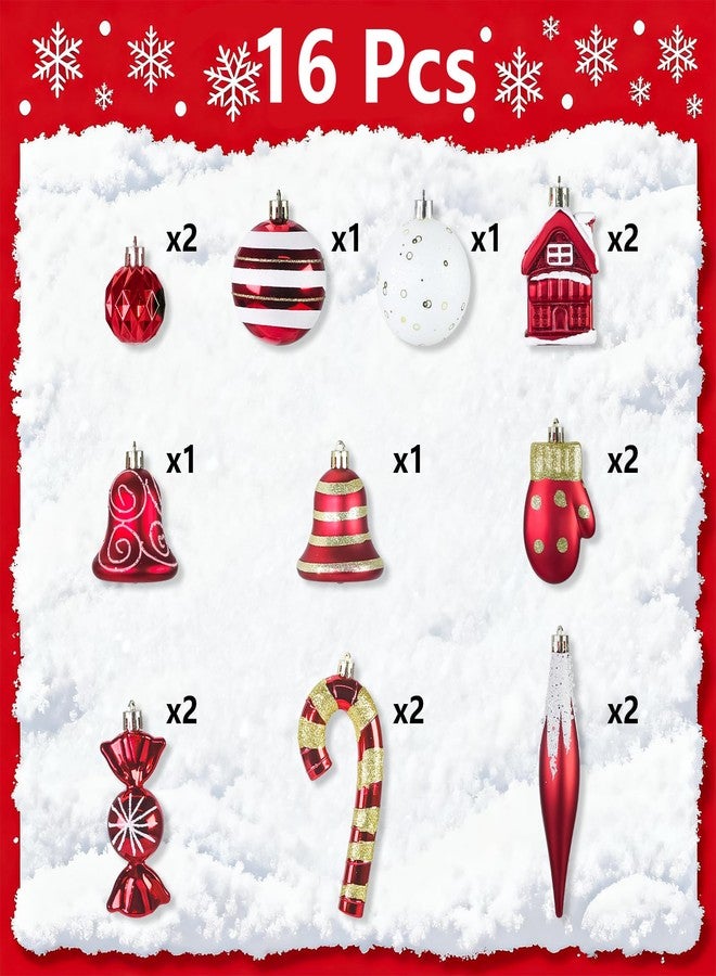 CUQI Christmas Ornaments, 16Pcs Red and White Christmas Ornaments Set with Hanging Strings Ideal for Christmas Tree Decorations and Indoor Accents - Image 2